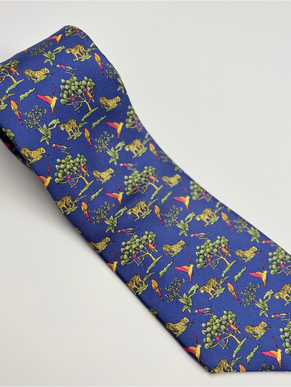 Loris Azzaro Paris Silk Tie Tigers Birds Jungle Novelty Blue Made France